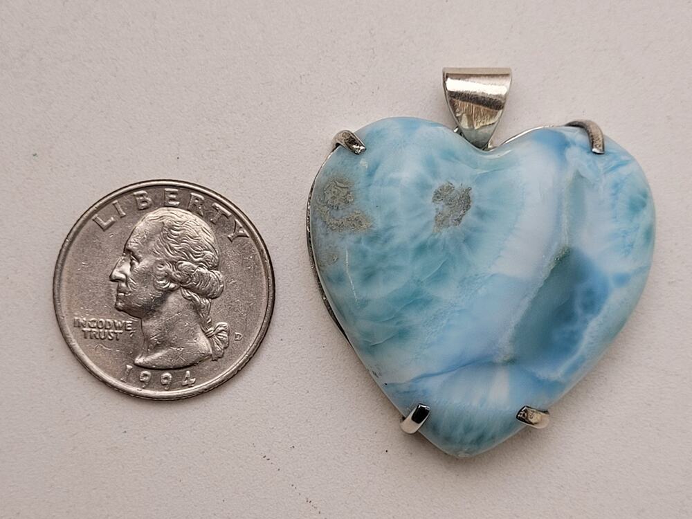 Genuine Sterling Silver Dominican Larimar Large Heart Pendant " 1.75"H x 1.5"W